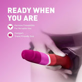 A hand holds the Avant Blush Avant P3 Pride Silicone Dildo with Suction Cup near black underwear. Text on image: "Ready when you are. Harness compatible for versatile use. Compact, travel-friendly size." Pink gradient background.
